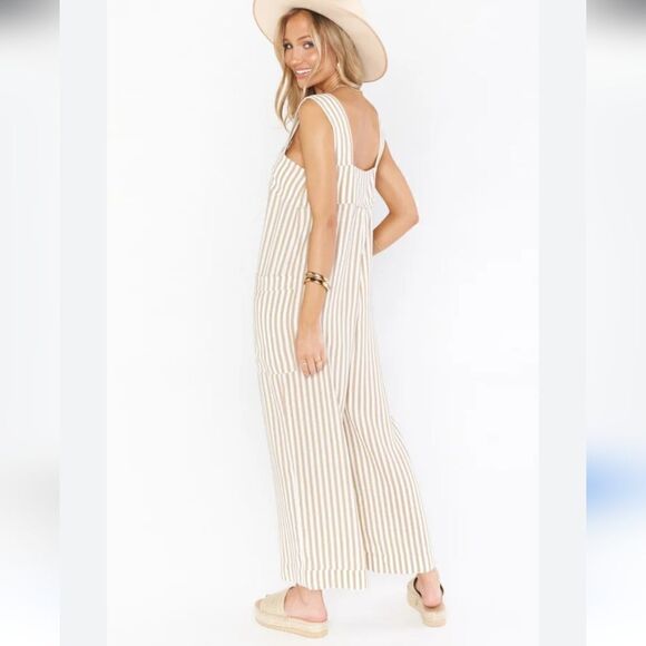 New Show Me Your Mumu Round Around Jumpsuit Everyday Beige Striped Size Large - Picture 4 of 13
